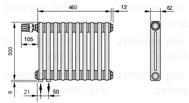 Схема (чертеж) Радиатор Zehnder Charleston 2050/10 №V001 Белый глянцевый RAL 9016